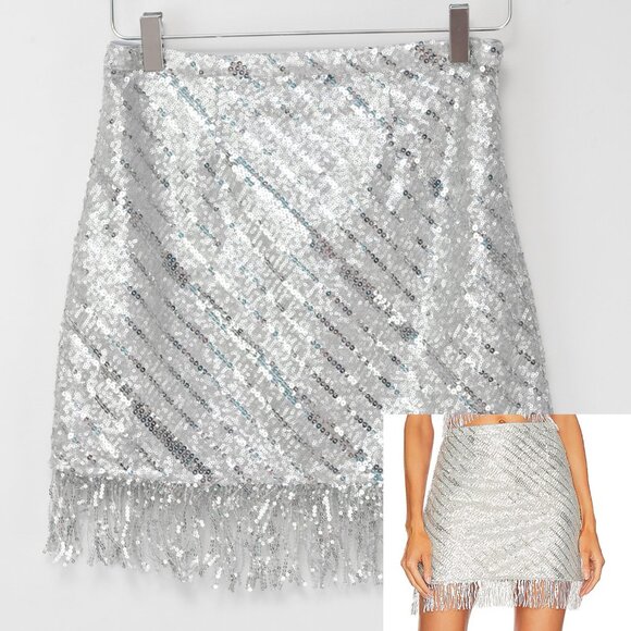 Saylor Persephone Skirt Sequin Fringe Mini Evening Party Silver Size XS - Picture 1 of 6